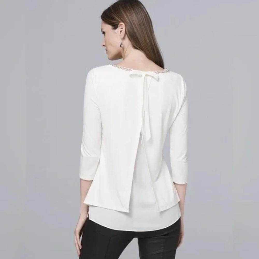 NWT WHBM Pearl Embellished Neckline 3/4 sleeve Top w/Sheer Underlay - Sz XL